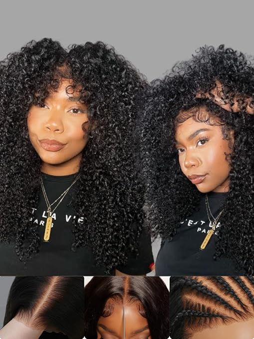 Kinky Curly Human Hair Glueless Wigs Bye-Bye Knots 180% Density Pre Cut 7x5 Lace Front Middle Part Micro Twist Curly Wig with Finger Coils End for Natural Afro Texture Pre Plunked Knots