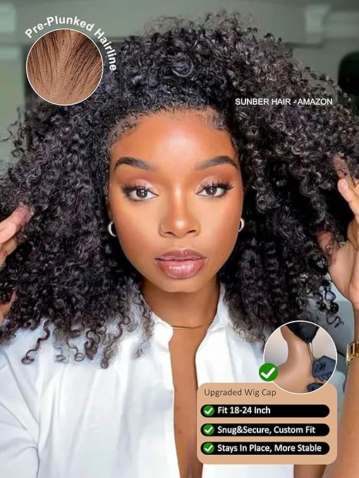 Kinky Curly Human Hair Glueless Wigs Bye-Bye Knots 180% Density Pre Cut 7x5 Lace Front Middle Part Micro Twist Curly Wig with Finger Coils End for Natural Afro Texture Pre Plunked Knots