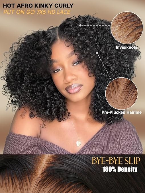 Kinky Curly Human Hair Glueless Wigs Bye-Bye Knots 180% Density Pre Cut 7x5 Lace Front Middle Part Micro Twist Curly Wig with Finger Coils End for Natural Afro Texture Pre Plunked Knots