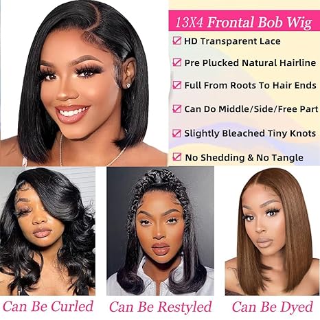 Bob Wig Human Hair 13x4 Lace Front Wigs Human Hair Pre Plucked 14 Inch Straight HD Lace Frontal Short Glueless Wigs for Women with Baby Hair 180% Density Natural