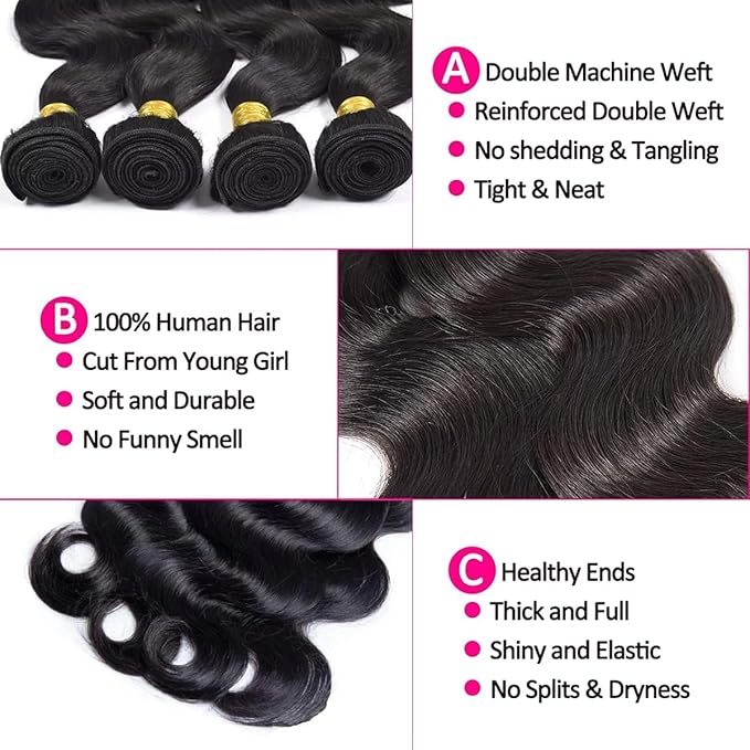 Body Wave Human Hair Bundles 14 16 18 20 Inch 10A Brazilian Virgin Human Hair Extensions for Women 100% Unprocessed Weave 4 Bundles Rallonge Cheveux Humain...
