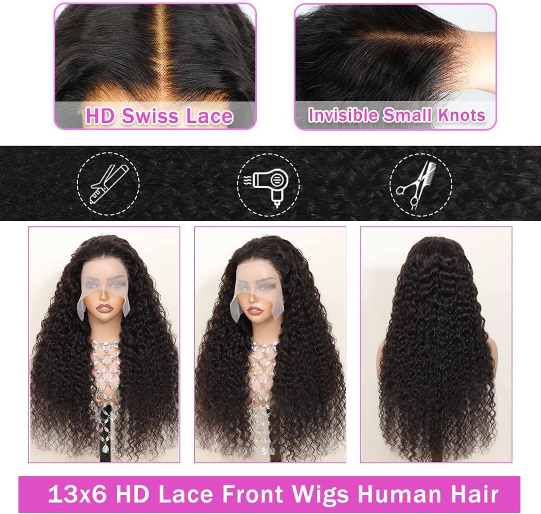 Curly Human Hair 13x6 HD Lace Frontal Wig 200% Density Curly Human Hair Lace Front Wigs Pre Plucked with Baby Hair 12A 100% Virgin Long Inch Human Hair Wigs for Black Women Natural Black Color