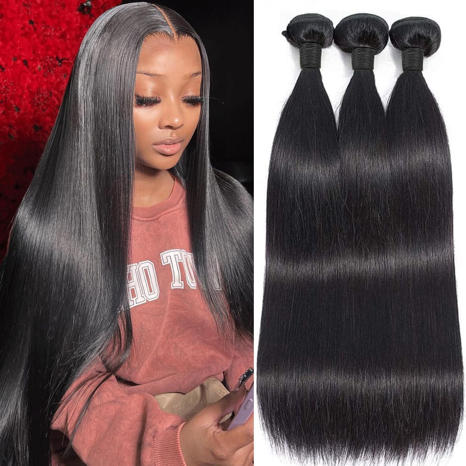 Straight Bundles Human Hair Weave 3 Bundles Brazilian Virgin Hair Straight Bundle 12A Grade Unprocessed Human Hair Extensions Natural Black