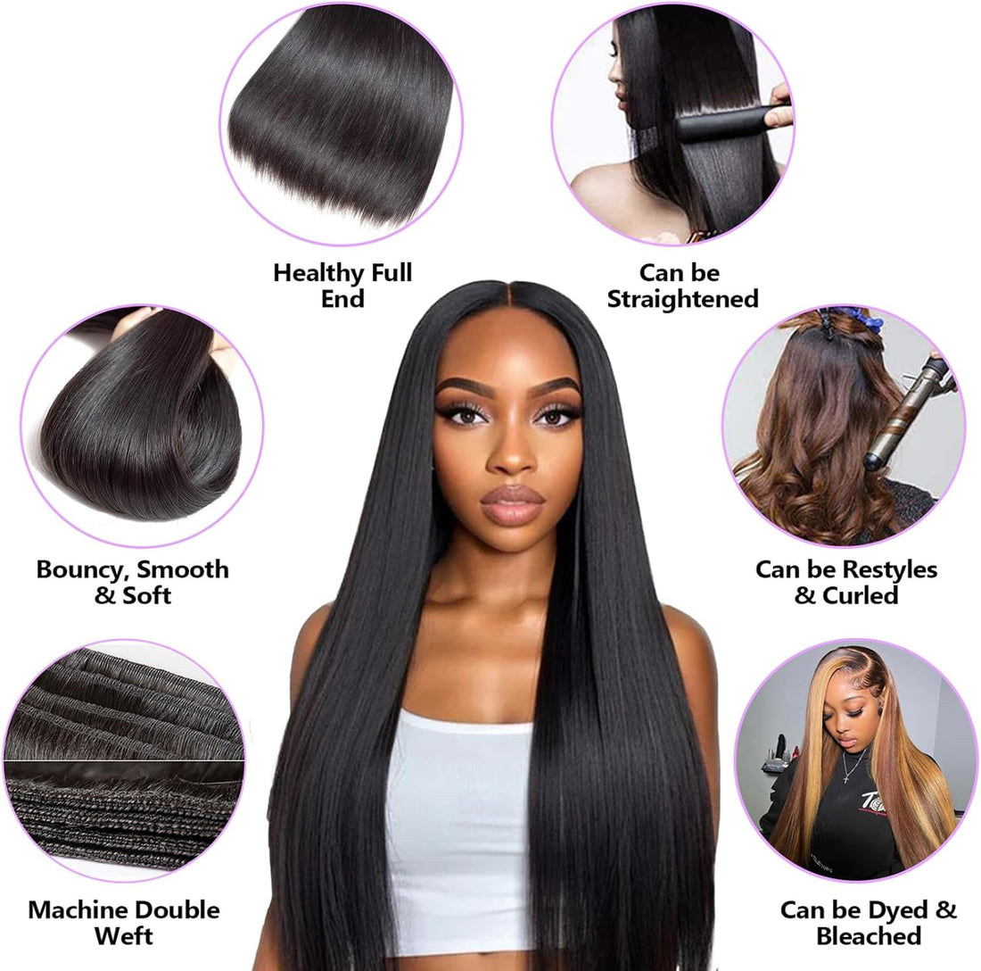 Straight Bundles Human Hair Weave 3 Bundles Brazilian Virgin Hair Straight Bundle 12A Grade Unprocessed Human Hair Extensions Natural Black