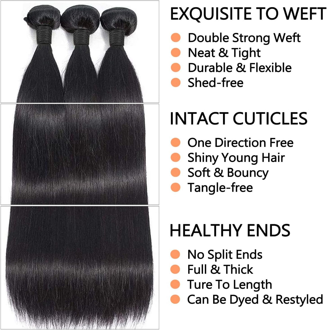 Straight Bundles Human Hair Weave 3 Bundles Brazilian Virgin Hair Straight Bundle 12A Grade Unprocessed Human Hair Extensions Natural Black