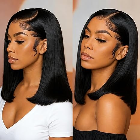 Bob Wig Human Hair 13x4 Lace Front Wigs Human Hair Pre Plucked 14 Inch Straight HD Lace Frontal Short Glueless Wigs for Women with Baby Hair 180% Density Natural
