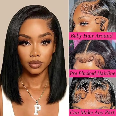 Bob Wig Human Hair 13x4 Lace Front Wigs Human Hair Pre Plucked 14 Inch Straight HD Lace Frontal Short Glueless Wigs for Women with Baby Hair 180% Density Natural