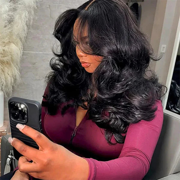 Pre Styled Butterfly Cut Layered Yaki Body Machine Made Human Hair Wigs With Drawstring 250% Density V Part Half Wig U Part Wig Available