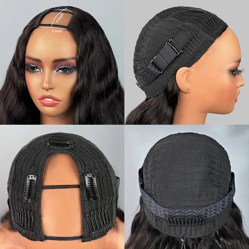 Pre Styled Butterfly Cut Layered Yaki Body Machine Made Human Hair Wigs With Drawstring 250% Density V Part Half Wig U Part Wig Available