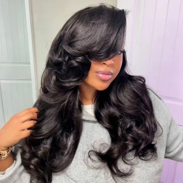 Pre Styled Butterfly Cut Layered Yaki Body Machine Made Human Hair Wigs With Drawstring 250% Density V Part Half Wig U Part Wig Available